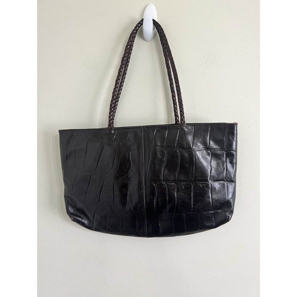 Falor Le Borse Purse Leather Brown 2 Woven 10" Handles Zip Made in Italy - Picture 4 of 13